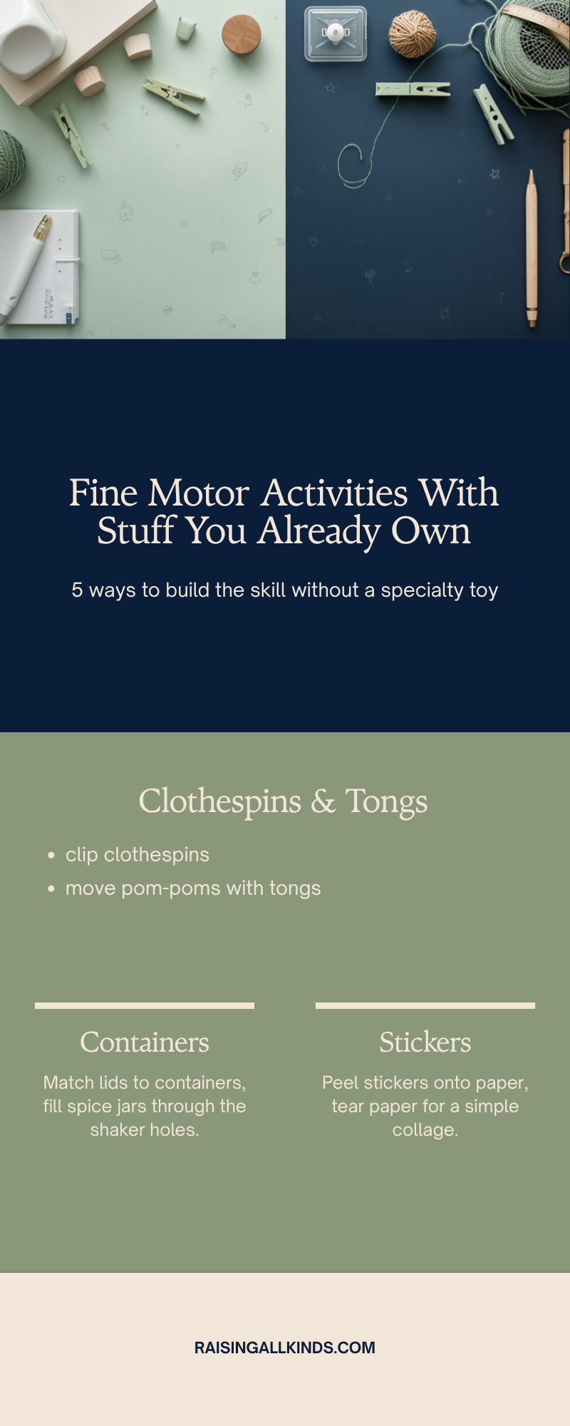 Infographic of fine motor activity ideas using containers, stickers, and other household items