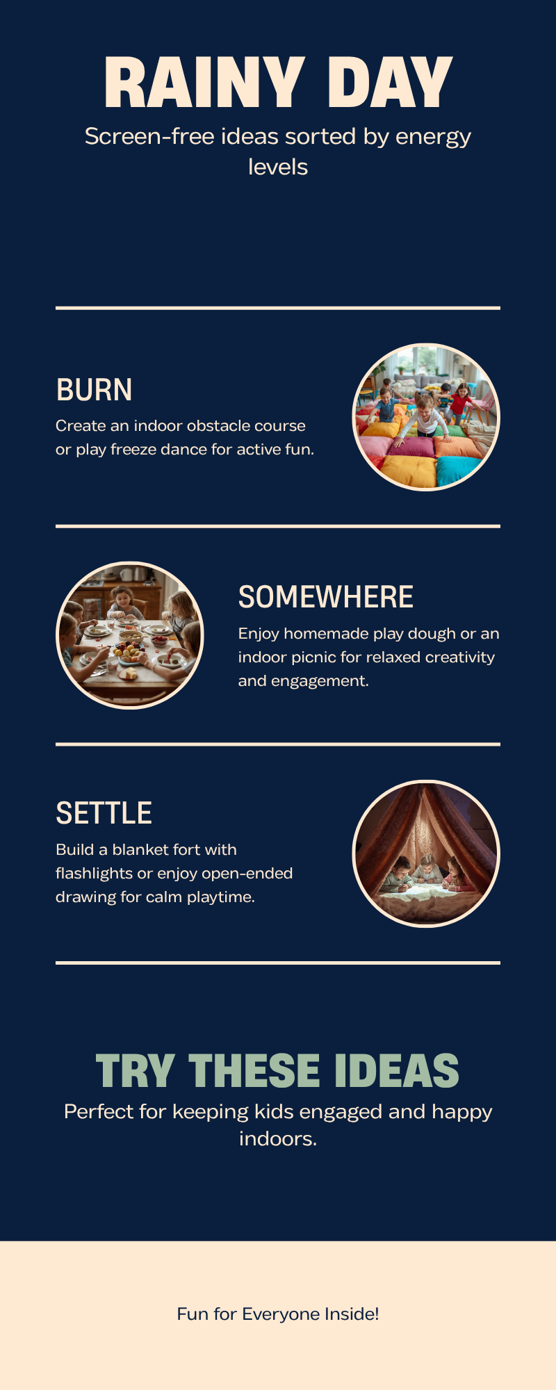 Infographic of rainy day activities sorted by energy level: burn, somewhere in between, and settle