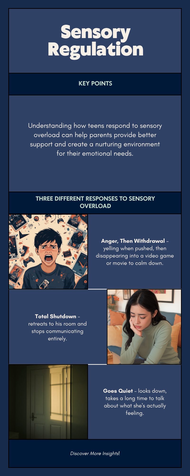 Infographic showing three different teen responses to sensory overload