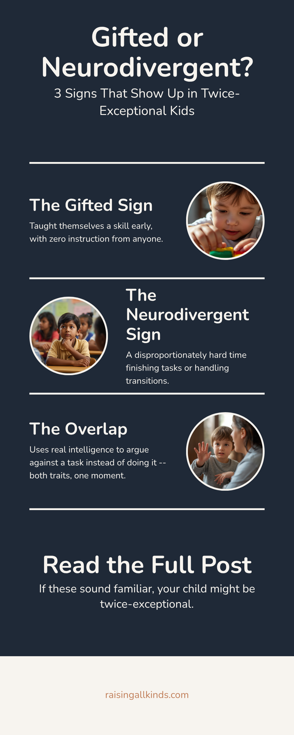 An infographic comparing signs a child might be gifted against signs a child might be neurodivergent, with overlap explained as twice-exceptional