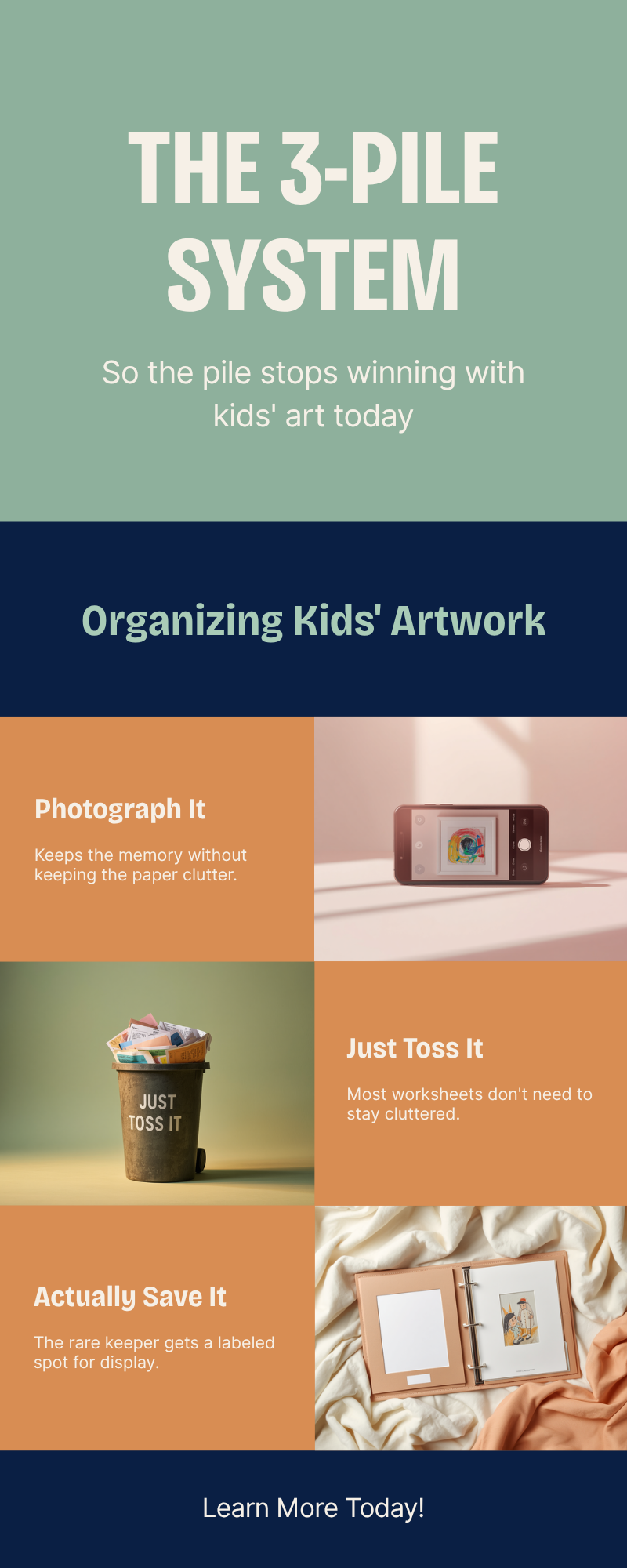 Infographic of the three-pile system for sorting kids’ art and school papers