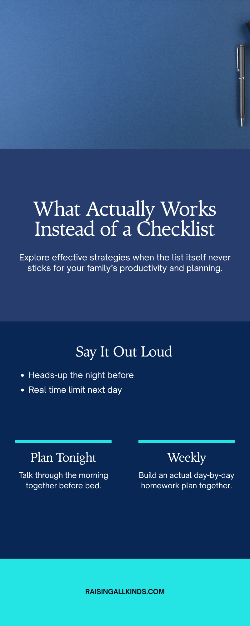 Infographic showing what works instead of a checklist: planning the night before and a weekly homework plan