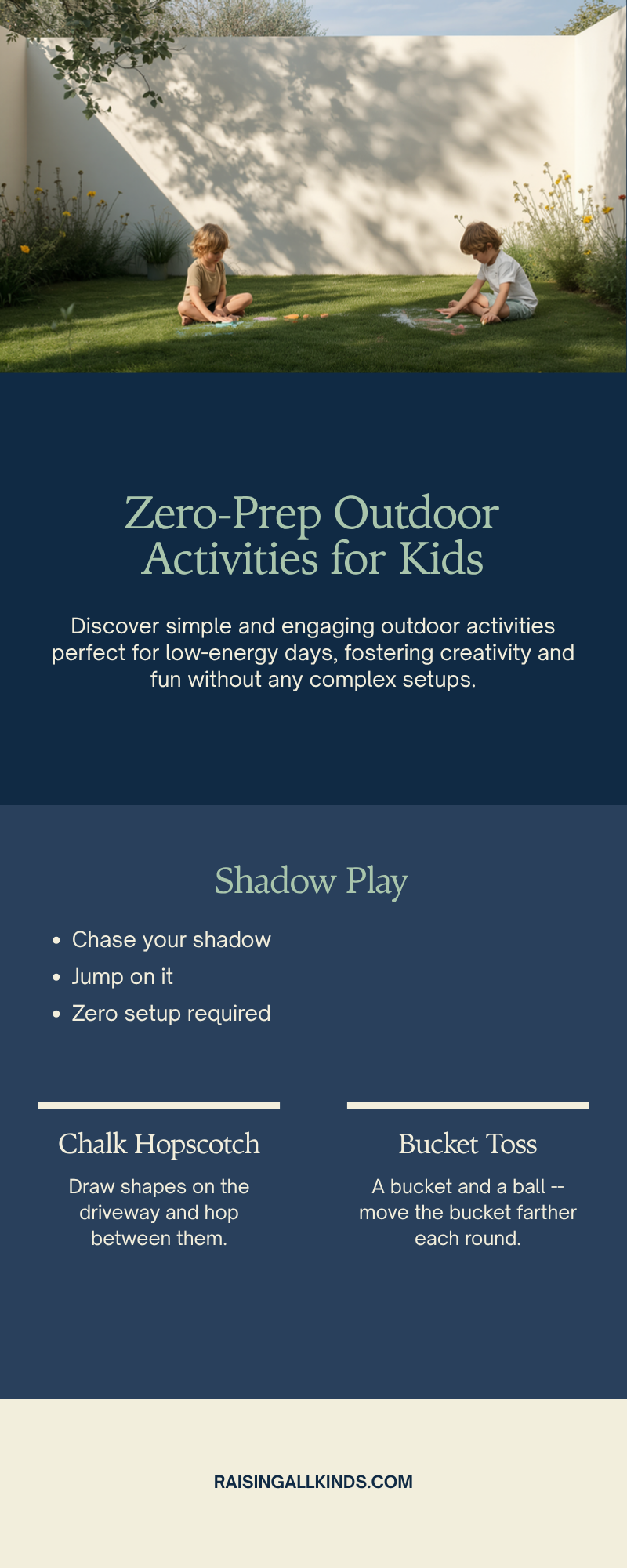 Infographic of zero-prep outdoor activities including shadow play, chalk hopscotch, and bucket toss